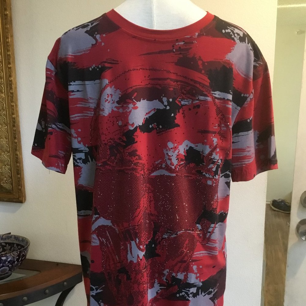 PLATINI Men's Abstract Print T-Shirt Tee Rhinestones Skull  Short Sleeve Red M